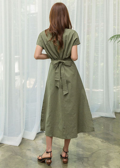 Green Cotton Cinch Dresses Side Open Exra Large Hem Summer