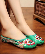 Green Cotton Fabric Retro Embroidery Splicing Slide Sandals soolinen shoes-20251