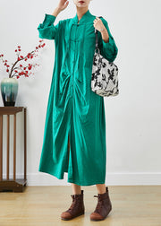 Green Cotton Holiday Dress Mandarin Collar Chinese Button Fall