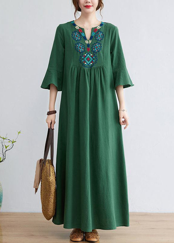 Green Cotton Long Dress Embroideried Exra Large Hem Flare Sleeve