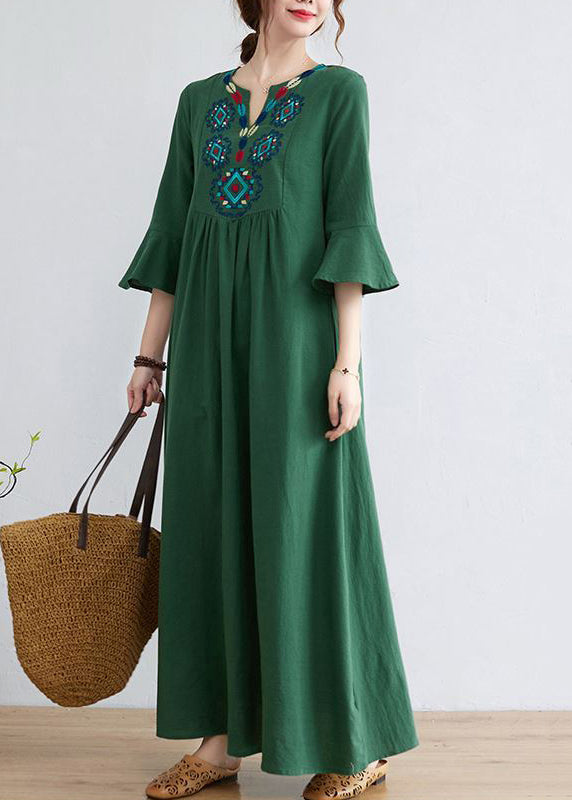 Green Cotton Long Dress Embroideried Exra Large Hem Flare Sleeve