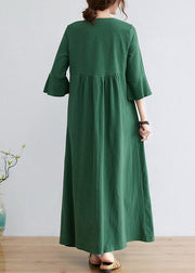 Green Cotton Long Dress Embroideried Exra Large Hem Flare Sleeve