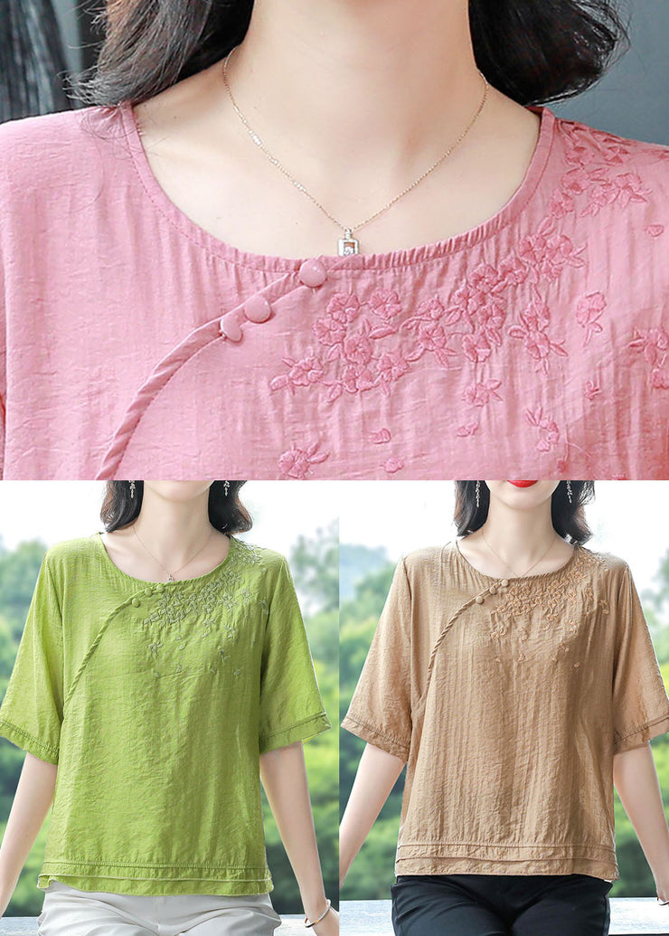 Green Cotton T Shirts O Neck Embroidered Short Sleeve