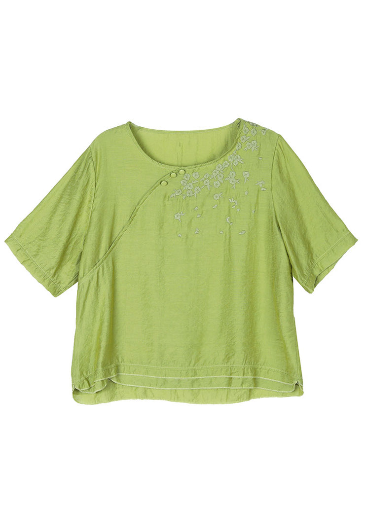 Green Cotton T Shirts O Neck Embroidered Short Sleeve