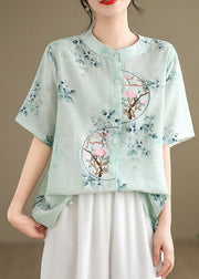 Green Cotton Top Embroidered Stand Collar Button Summer