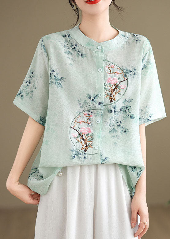 Green Cotton Top Embroidered Stand Collar Button Summer