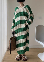 Green Cozy Cotton Cable Long Knit Dress O Neck Winter