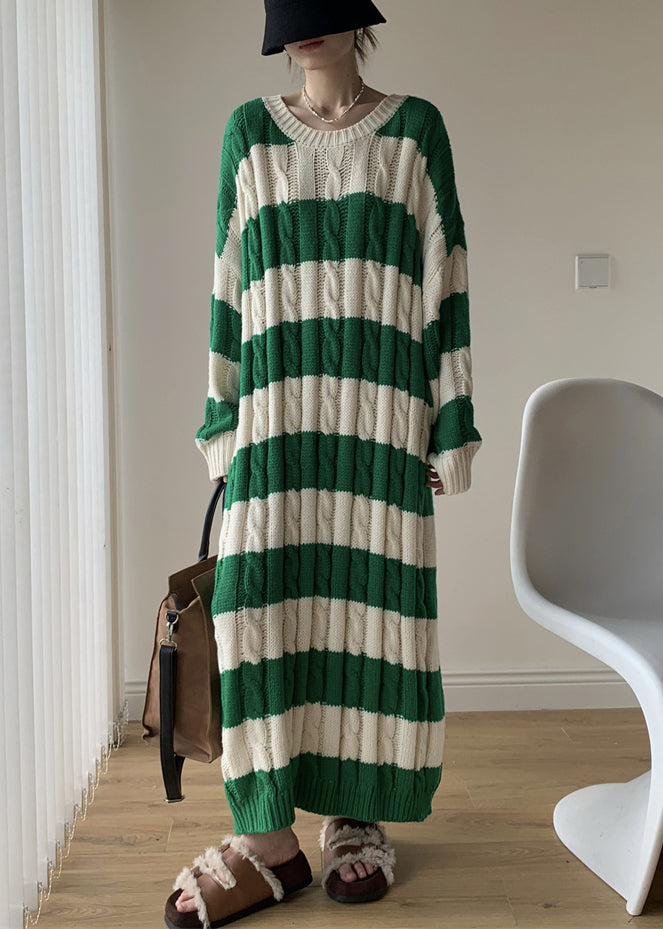 Green Cozy Cotton Cable Long Knit Dress O Neck Spring