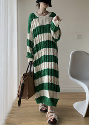 Green Cozy Cotton Cable Long Knit Dress O Neck Spring