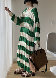 Green Cozy Cotton Cable Long Knit Dress O Neck Winter