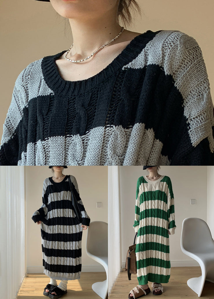 Green Cozy Cotton Cable Long Knit Dress O Neck Spring