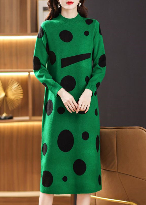 Green Dot Print Patchwork Knit Sweater Dress Turtleneck Long Sleeve