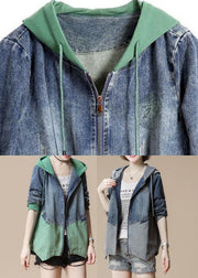 Green Drawstring Pockets Hoodie Denim Coat Long Sleeve