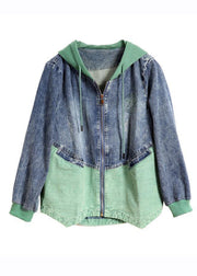 Green Drawstring Pockets Hoodie Denim Coat Long Sleeve