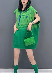 Green Drawstring Tie Waist Hooded Top Short Sleeved