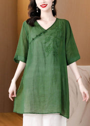 Green Embroidered Cotton Tops V Neck Short Sleeve