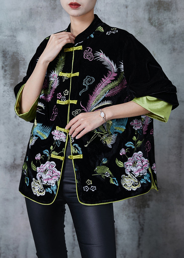 Green Embroidered Silk Velvet Coats Chinese Style Fall
