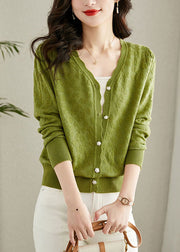 Green Embroideried Button Solid Knit Cardigans Fall