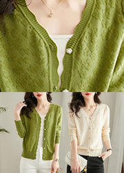 Green Embroideried Button Solid Knit Cardigans Fall