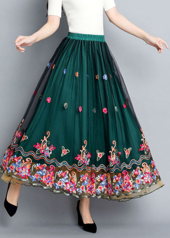 Green Embroideried Floral Elastic Waist Tulle Skirts Summer