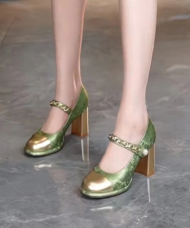 Green Faux Leather Splicing Retro Buckle Strap Chunky Heel