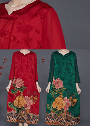 Green Floral Silk Holiday Dress Tasseled Chinese Button Summer