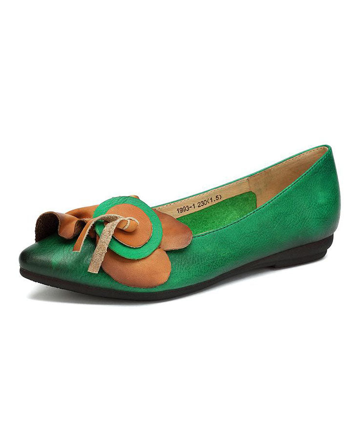 Green Floral Splicing Cowhide Leather Flat Shoes Pointed Toe