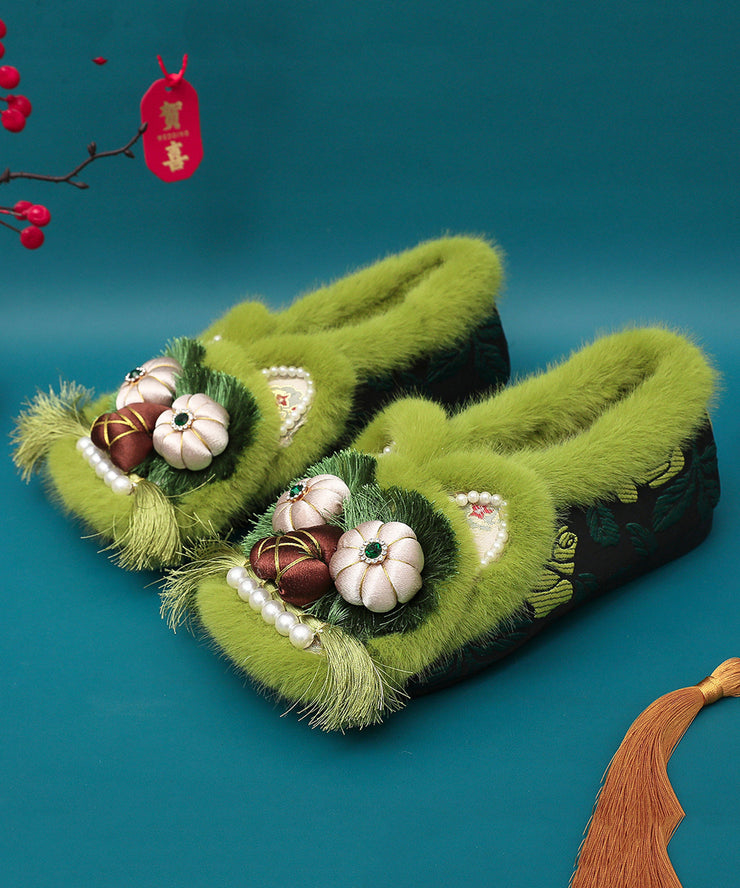 Green Fuzzy Wool Lined Retro Splicing Flat Shoes Embroidery