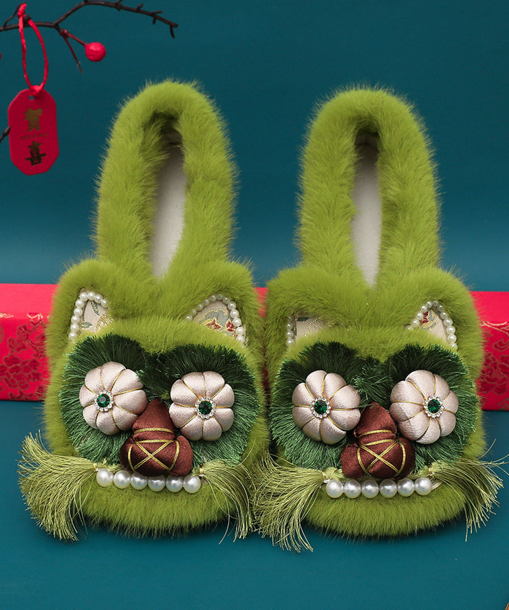 Green Fuzzy Wool Lined Retro Splicing Flat Shoes Embroidery