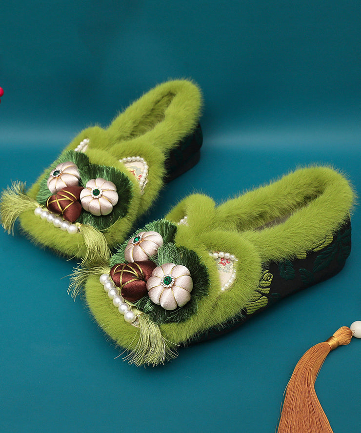 Green Fuzzy Wool Lined Retro Splicing Flat Shoes Embroidery