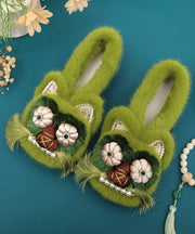 Green Fuzzy Wool Lined Retro Splicing Flat Shoes Embroidery