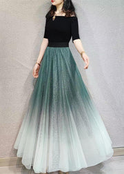 Green Gradient Elastic Waist Wrinkled Tulle Skirts Spring