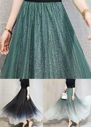 Green Gradient Elastic Waist Wrinkled Tulle Skirts Spring