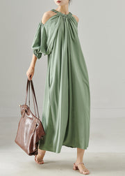 Green Grey Loose Cotton Maxi Dresses Cold Shoulder Spring