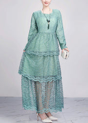 Green Hollow Out Solid Lace Dresses O Neck Fall