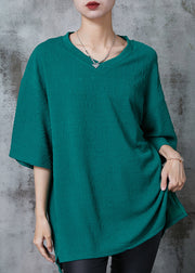 Green Jacquard Cotton Tops V Neck Oversized Summer