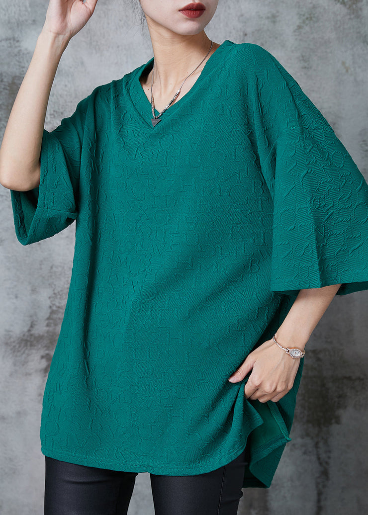 Green Jacquard Cotton Tops V Neck Oversized Summer