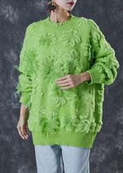 Green Jacquard Cozy Knit Sweater Tops Winter