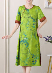 Green Jacquard Patchwork Silk Dresses O Neck Side Open Summer