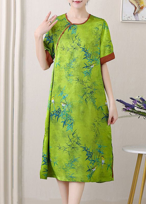 Green Jacquard Patchwork Silk Dresses O Neck Side Open Summer