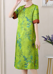 Green Jacquard Patchwork Silk Dresses O Neck Side Open Summer