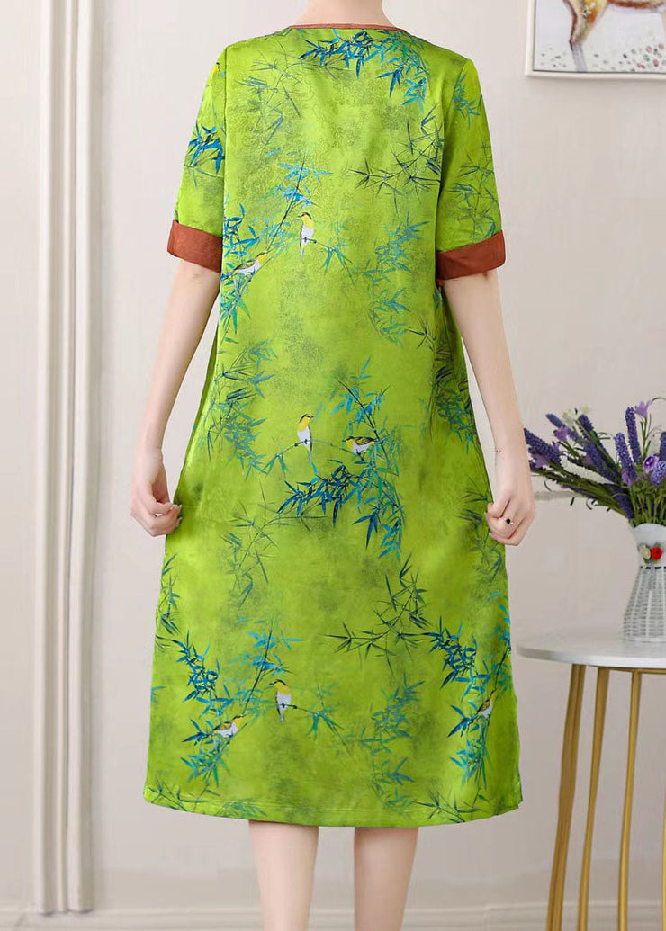 Green Jacquard Patchwork Silk Dresses O Neck Side Open Summer