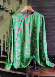 Green Jacquard Patchwork Silk Shirt Wrinkled Long Sleeve