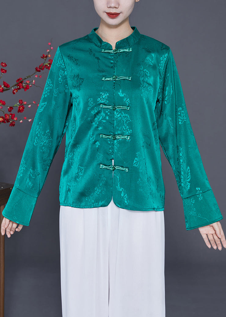 Green Jacquard Silk Shirt Mandarin Collar Chinese Button Spring