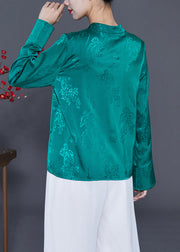 Green Jacquard Silk Shirt Mandarin Collar Chinese Button Spring