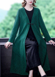 Green Jacquard Silk Trench Coats V Neck Oriental Long Sleeve