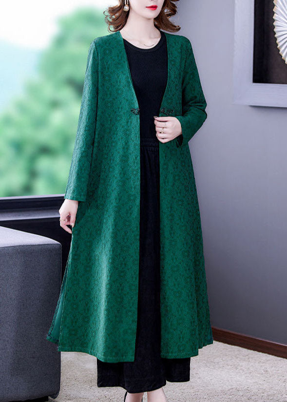 Green Jacquard Silk Trench Coats V Neck Oriental Long Sleeve