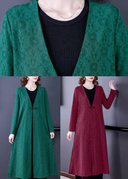 Green Jacquard Silk Trench Coats V Neck Oriental Long Sleeve