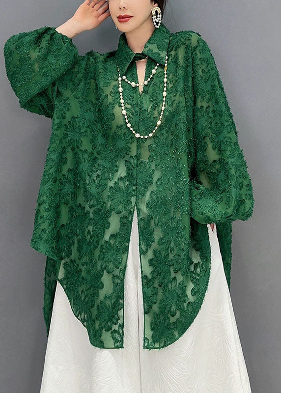 Green Jacquard Tulle Long Shirts Oversized Hollow Out Spring