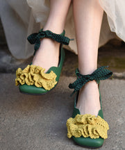 Green Knit Splicing Genuine Leather Cross Strap Flats Shoes